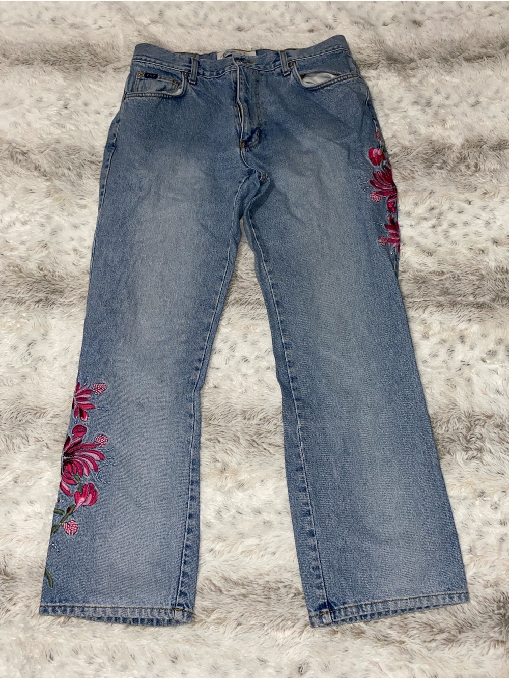 Women's Blue Denim Wide-Leg Jeans with Pink Floral Embroidery